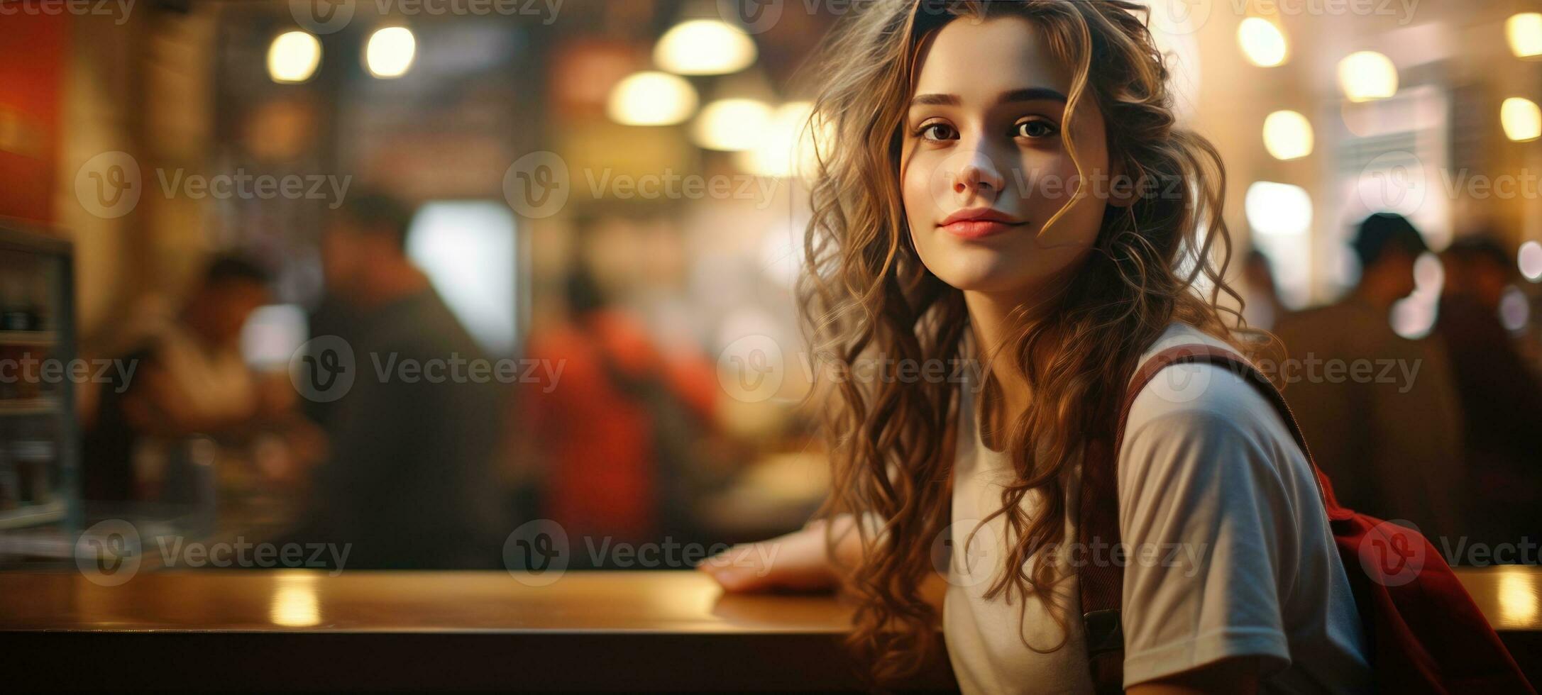 AI generated portrait beautiful woman cafe in background photo