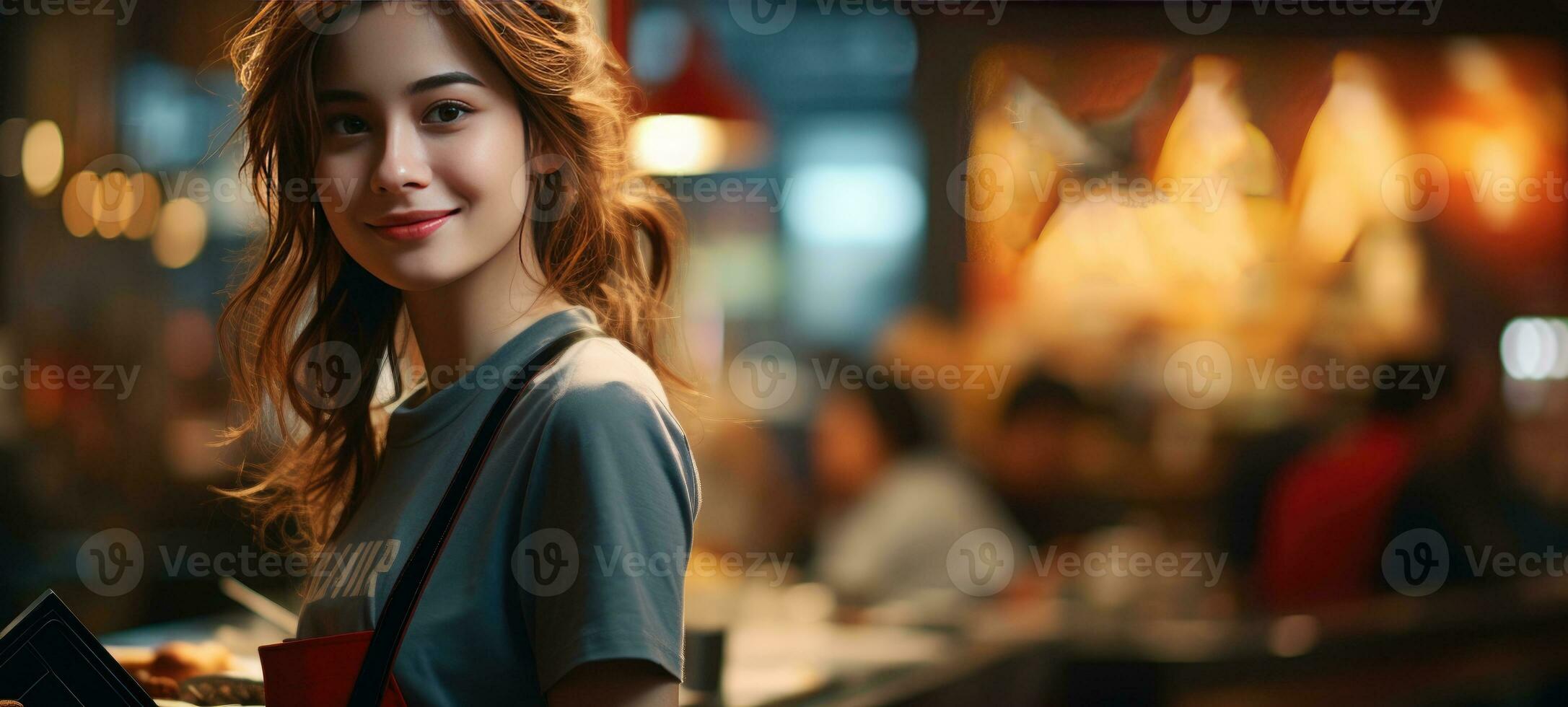 AI generated portrait beautiful woman cafe in background photo