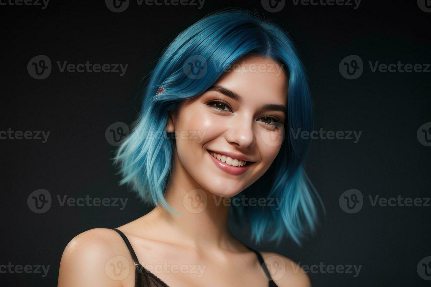 AI Generated Portrait beautiful blue hair and eyes model woman with white teeth smile, healthy long hair and beauty skin on dark background. Concept of advertising dentist and facial care. Generative photo