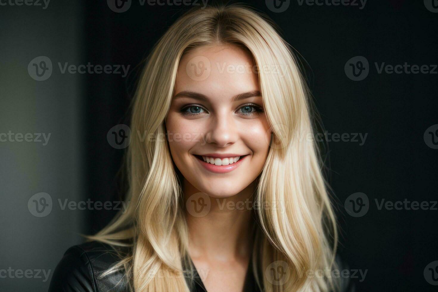 AI Generated Portrait beautiful blonde model woman with white teeth smile, healthy long hair and beauty skin on black background. Concept of advertising dentist and facial care. Generative AI photo