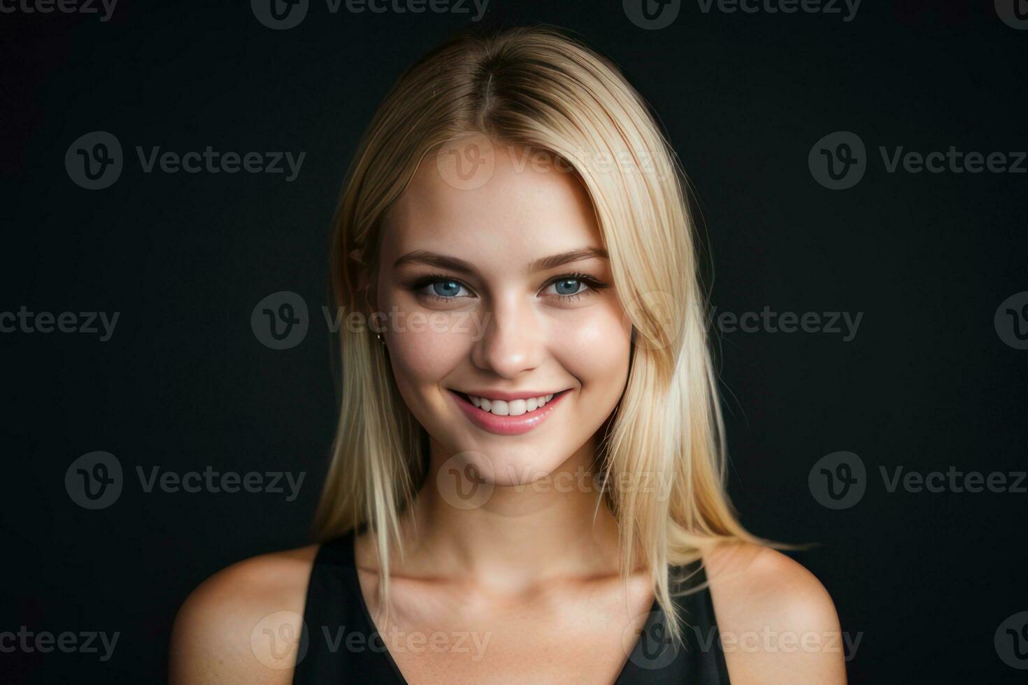 AI Generated Portrait beautiful blonde model woman with white teeth smile, healthy long hair and beauty skin on black background. Concept of advertising dentist and facial care. Generative AI photo
