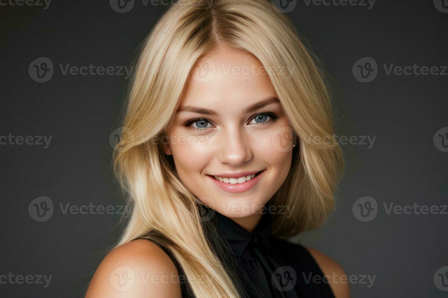 AI Generated Portrait beautiful blonde model woman with white teeth smile, healthy long hair and beauty skin on black background. Concept of advertising dentist and facial care. Generative AI photo