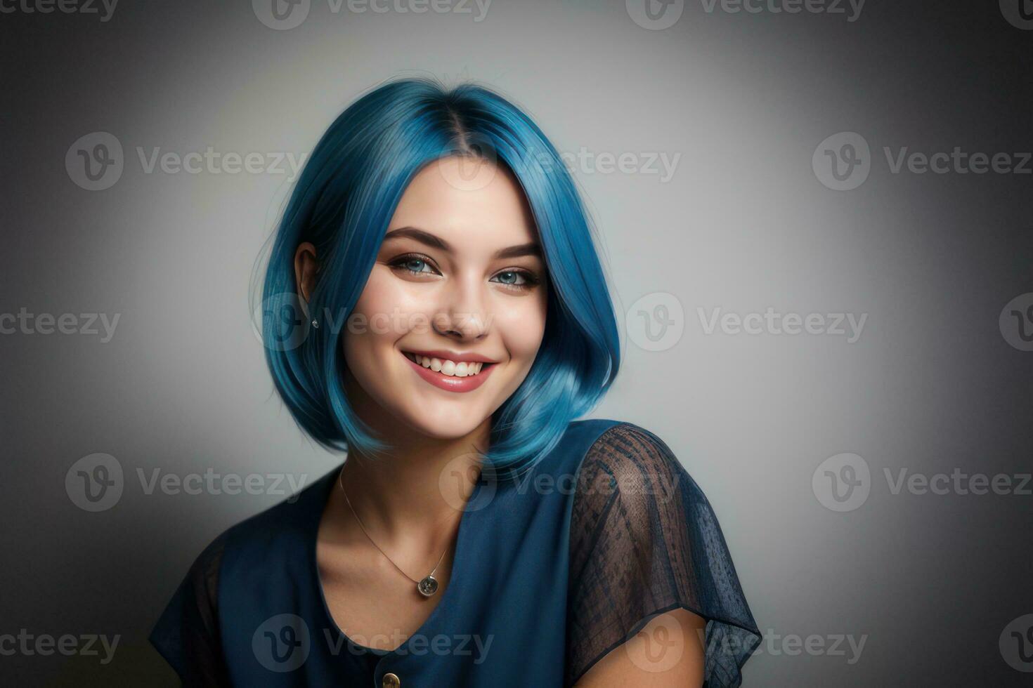 AI Generated Portrait beautiful blue hair and eyes young model woman with white teeth smile, healthy long hair and beauty skin. Concept of advertising dentist and facial care. Generative AI photo