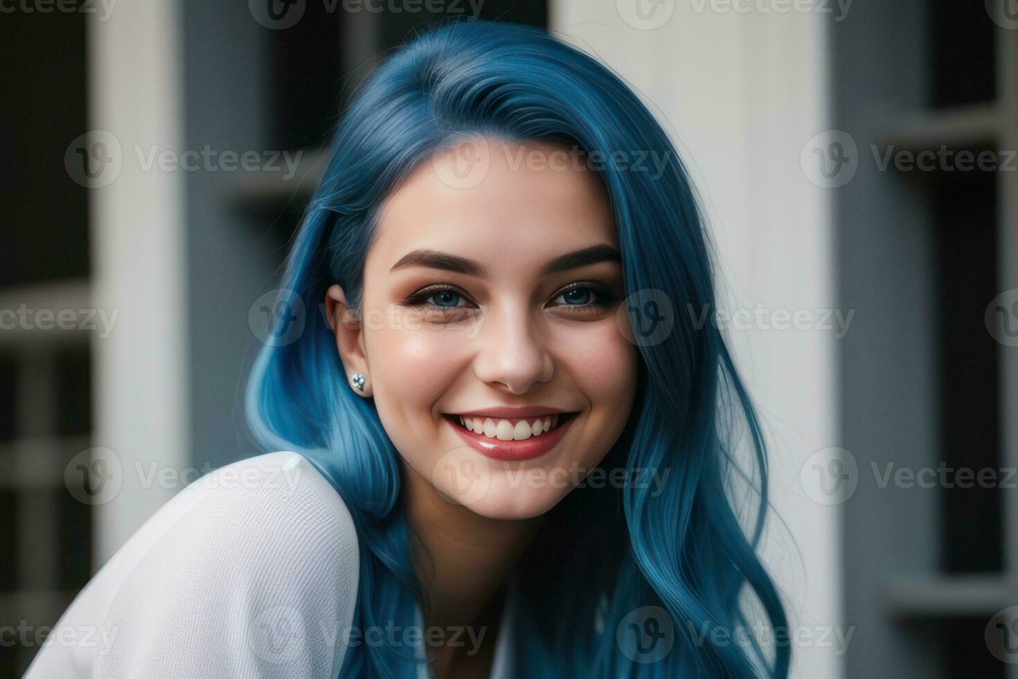 AI Generated Portrait beautiful blue hair and eyes young model woman with white teeth smile, healthy long hair and beauty skin. Concept of advertising dentist and facial care. Generative AI photo