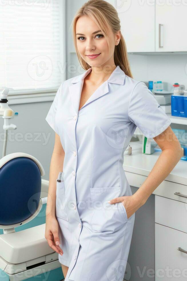 AI Generated Female attractive sexy doctor standing in the office and smiling at camera. Generative AI photo