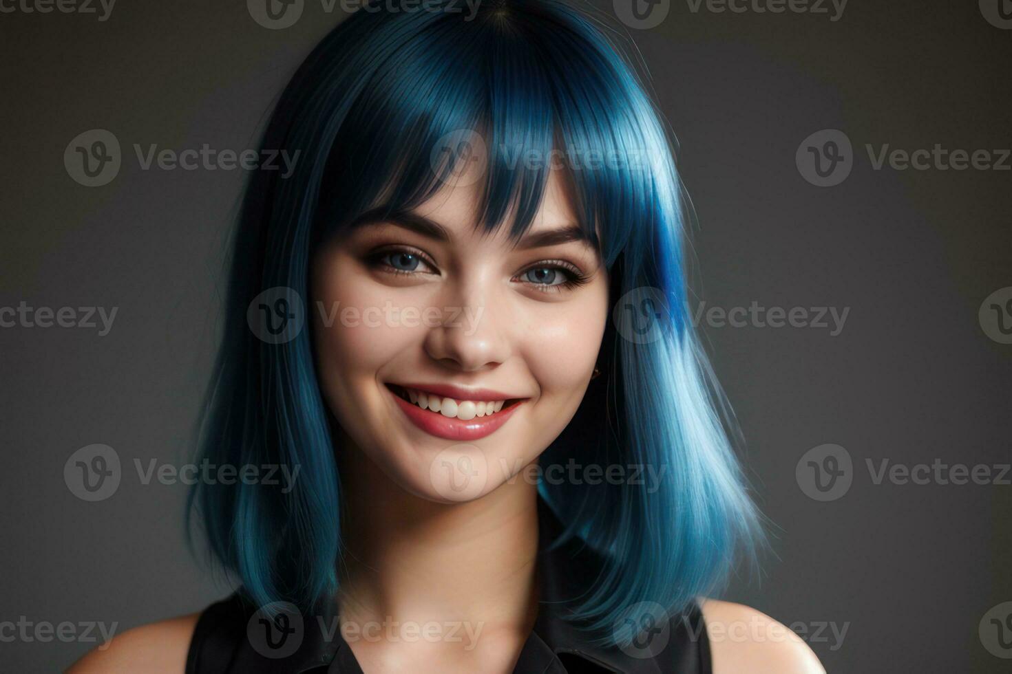 ai generado retrato hermosa azul pelo y ojos modelo mujer con blanco dientes sonrisa, sano largo pelo y belleza piel en oscuro antecedentes. concepto de publicidad dentista y facial cuidado. generativo foto