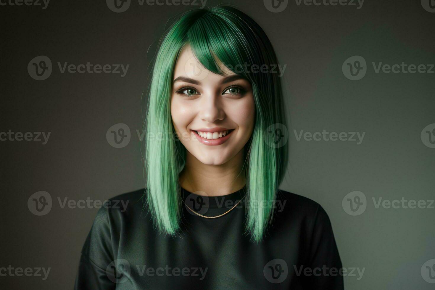 AI Generated Portrait beautiful green hair and eyes model woman with white teeth smile, healthy long hair and beauty skin on dark background. Concept of advertising dentist and facial care. Generative photo