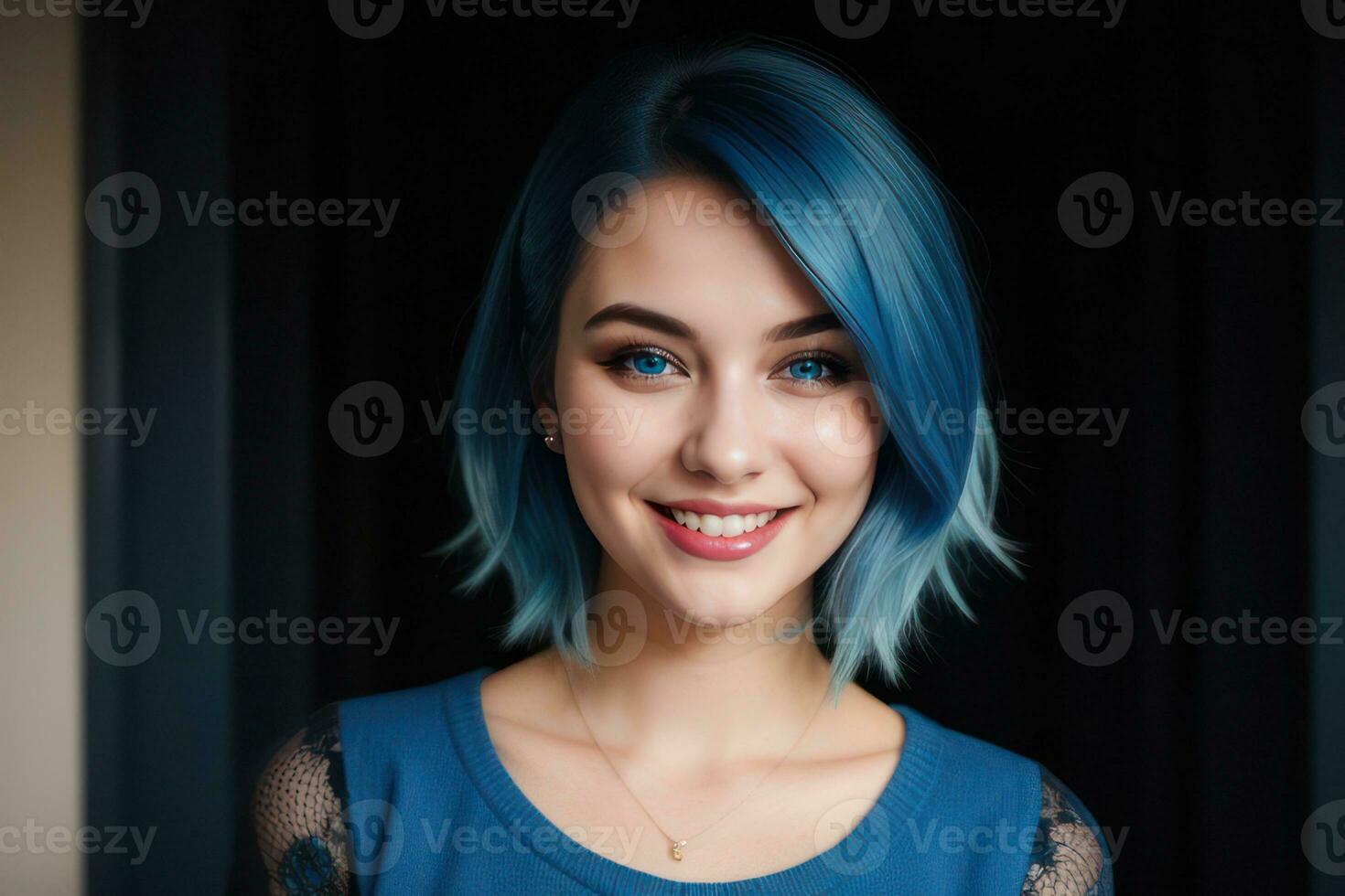 AI Generated Portrait beautiful blue hair and eyes young model woman with white teeth smile, healthy long hair and beauty skin. Concept of advertising dentist and facial care. Generative AI photo