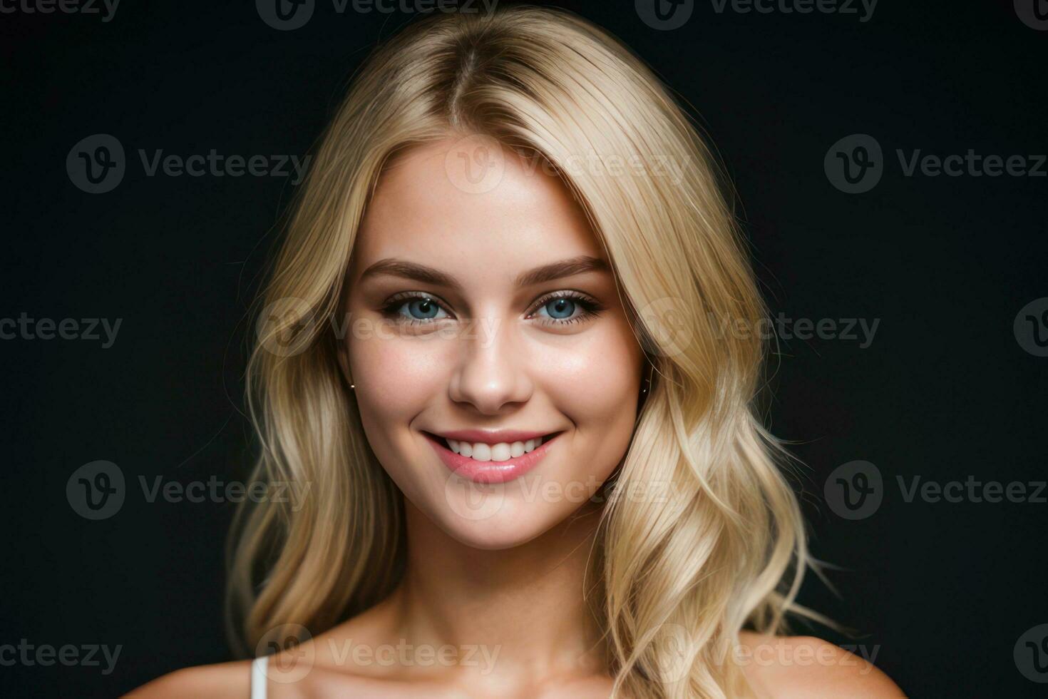 AI Generated Portrait beautiful blonde model woman with white teeth smile, healthy long hair and beauty skin on black background. Concept of advertising dentist and facial care. Generative AI photo