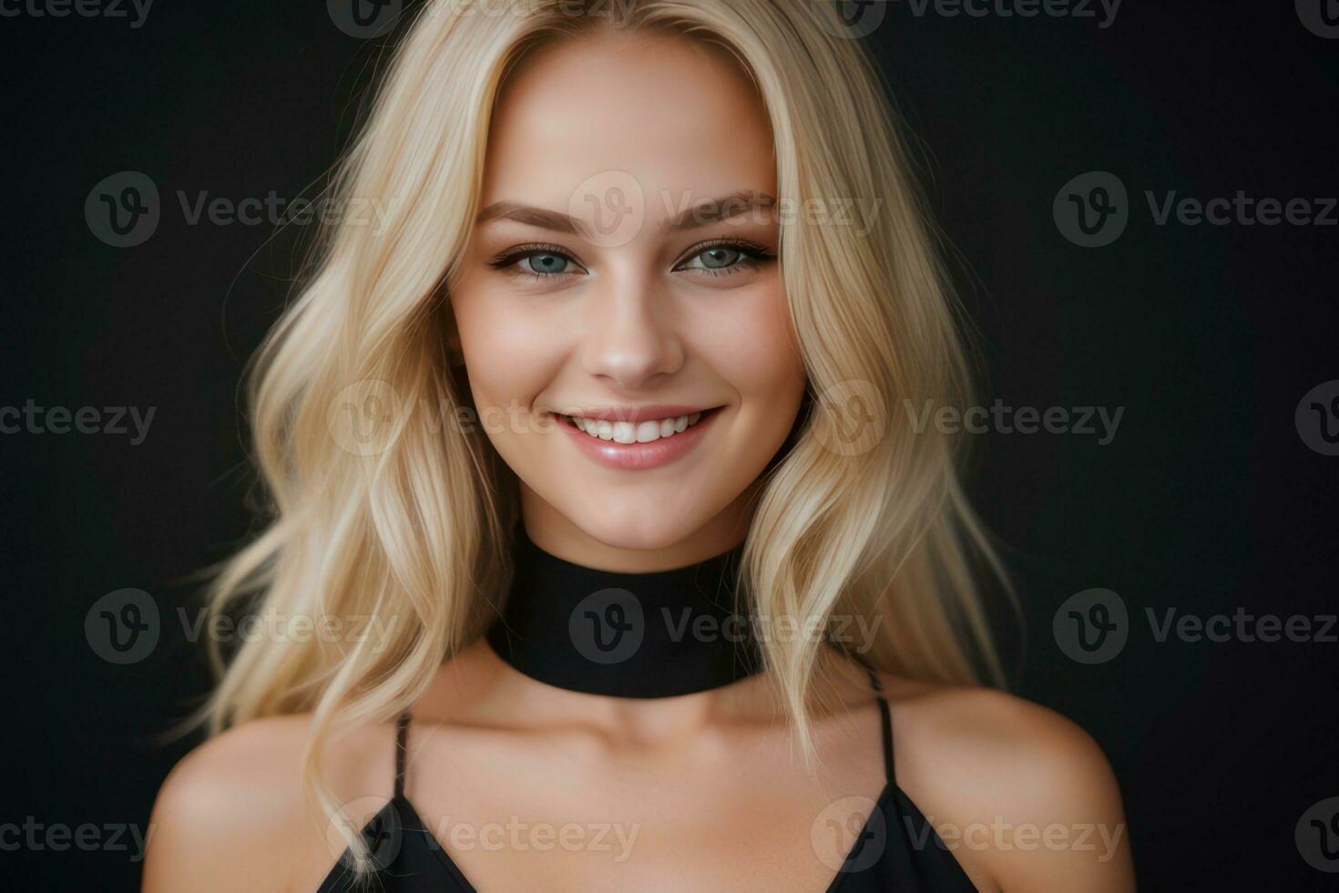 AI Generated Portrait beautiful blonde model woman with white teeth smile, healthy long hair and beauty skin on black background. Concept of advertising dentist and facial care. Generative AI photo