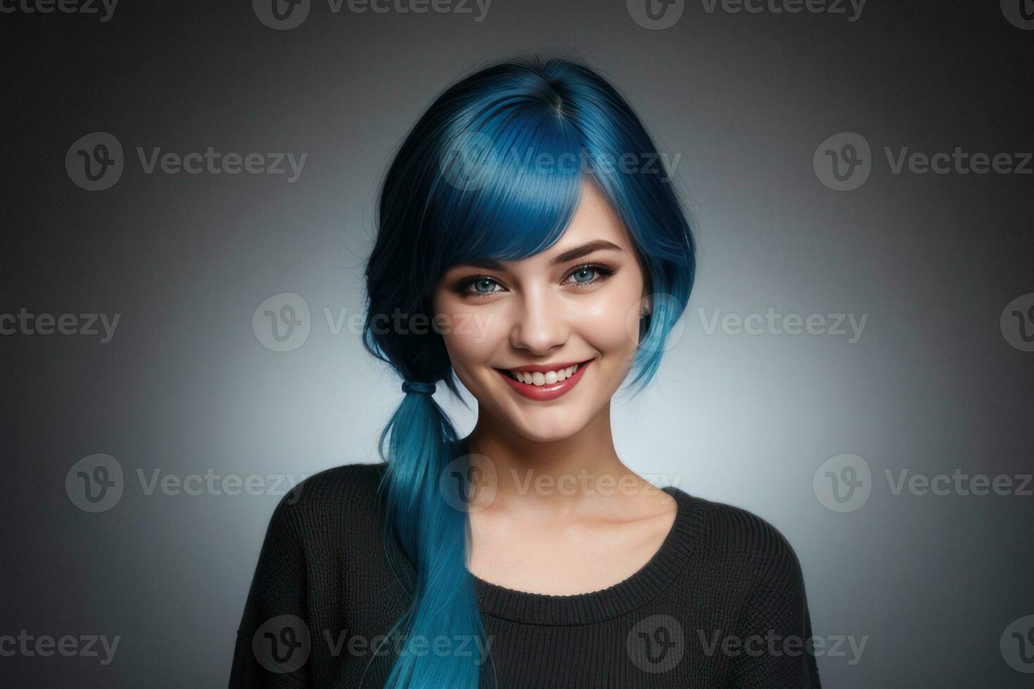 AI Generated Portrait beautiful blue hair and eyes young model woman with white teeth smile, healthy long hair and beauty skin. Concept of advertising dentist and facial care. Generative AI photo
