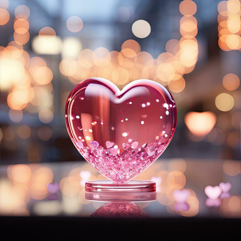 AI generated Valentines pink glass heart on bokeh background photo