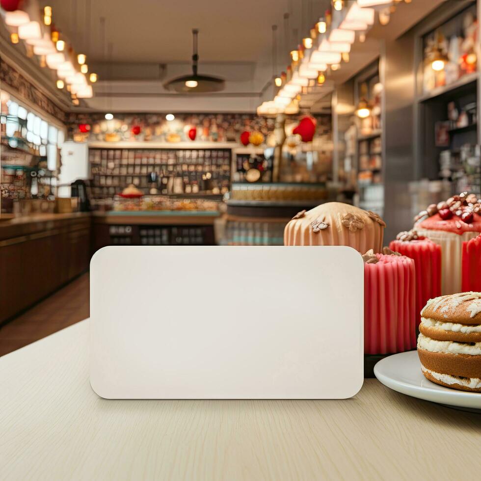 AI generated White miniature sign mockup at bakery shop in Christmas atmosphere photo