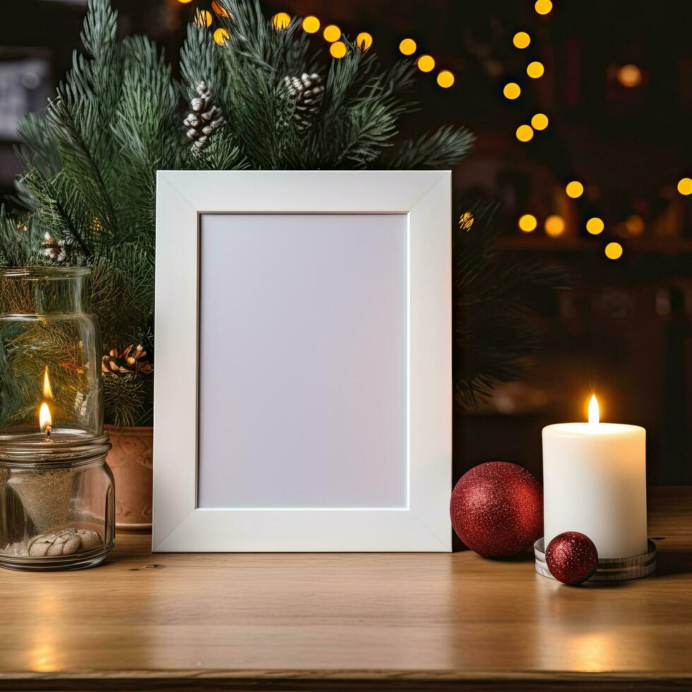 AI generated White Photo frame mockup style on wooden table with Christmas decoration