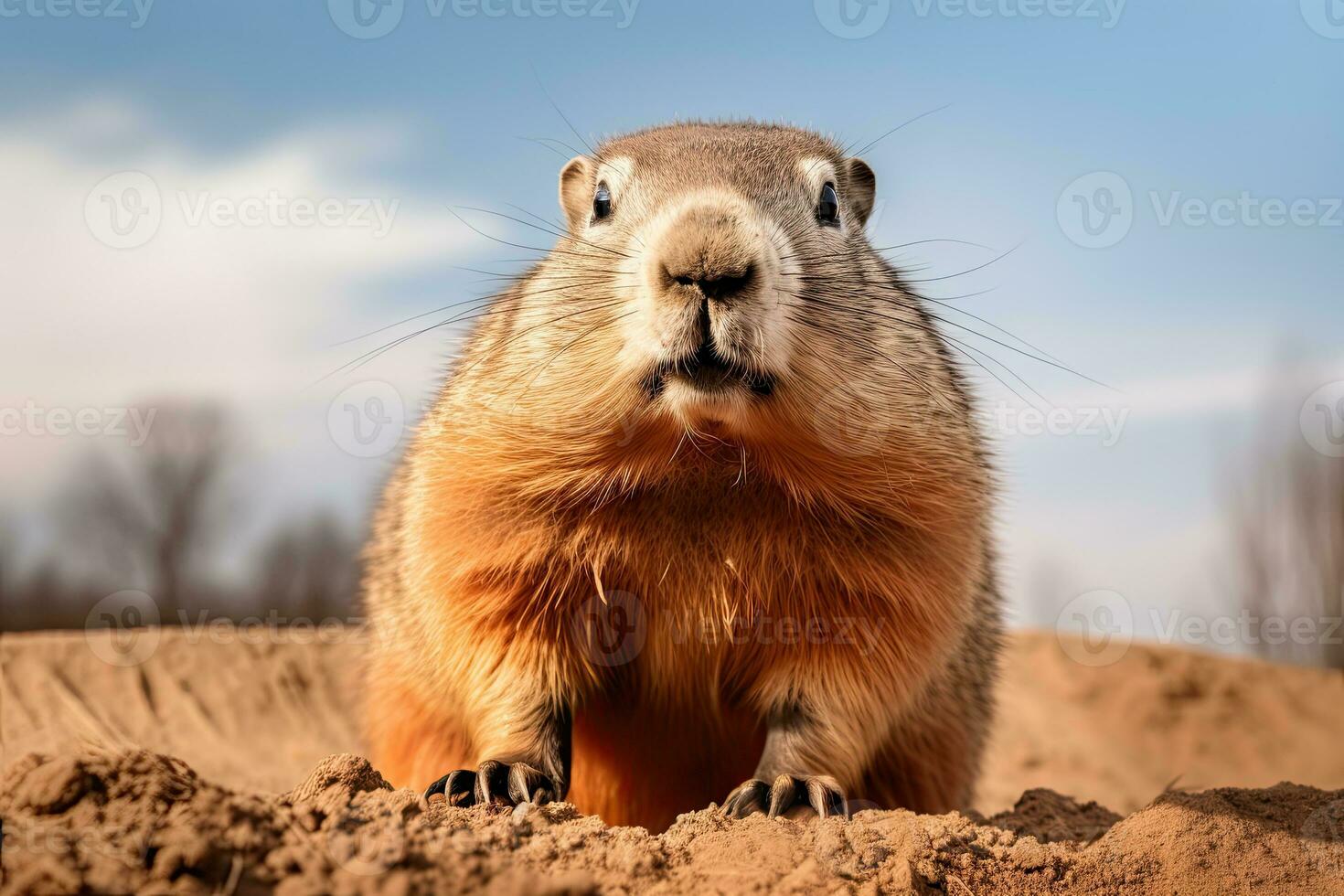 AI generated Groundhog sits in a hole in the ground with a close-up, happy groundhog day photo