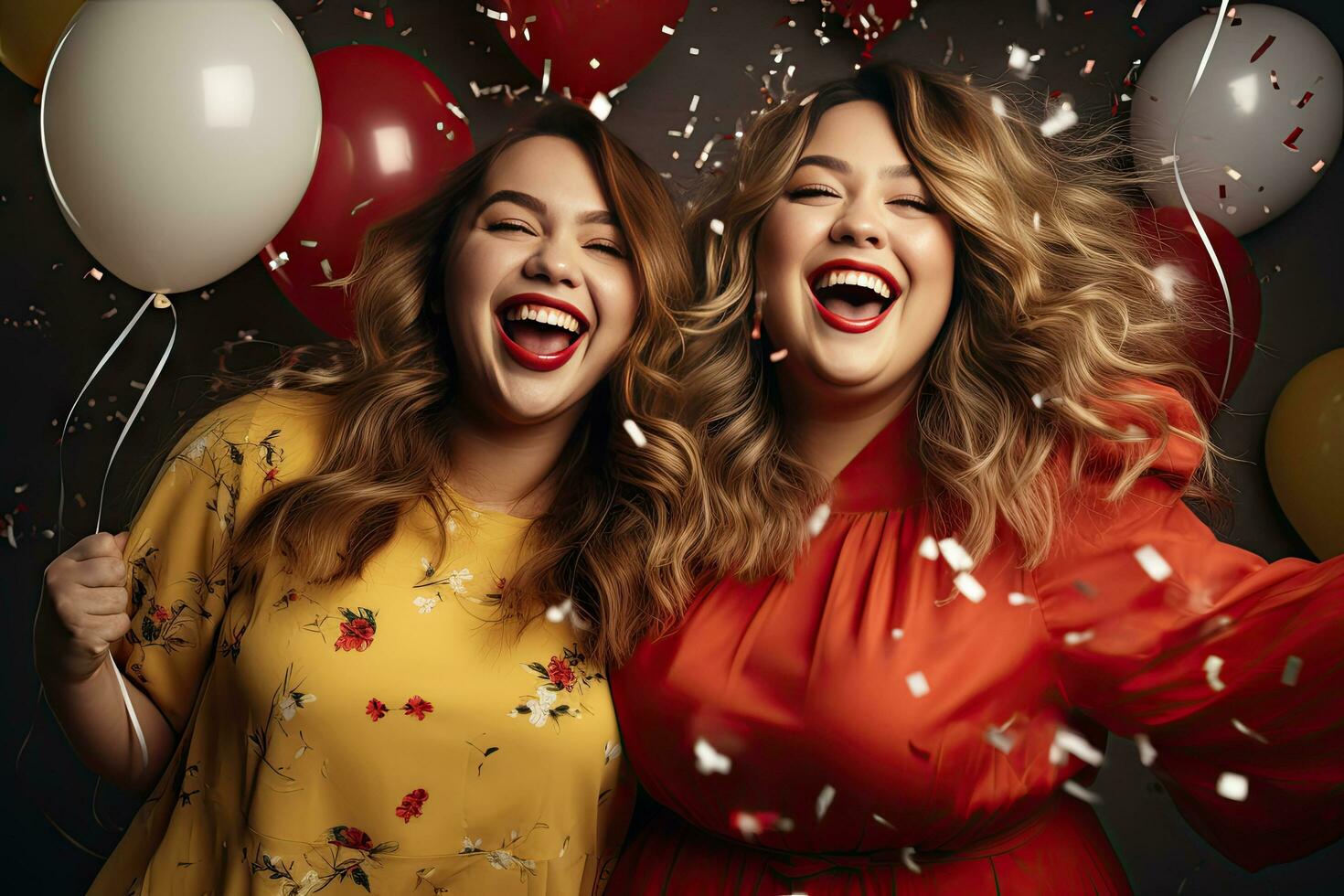 AI generated Happy plus size woman wear yellow and red dresses at the party, decorated with balloons and confetti photo