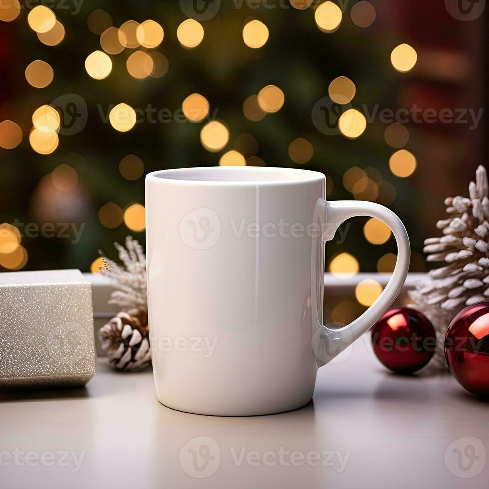 AI generated White mug mockup style with Christmas decoration on bokeh background photo