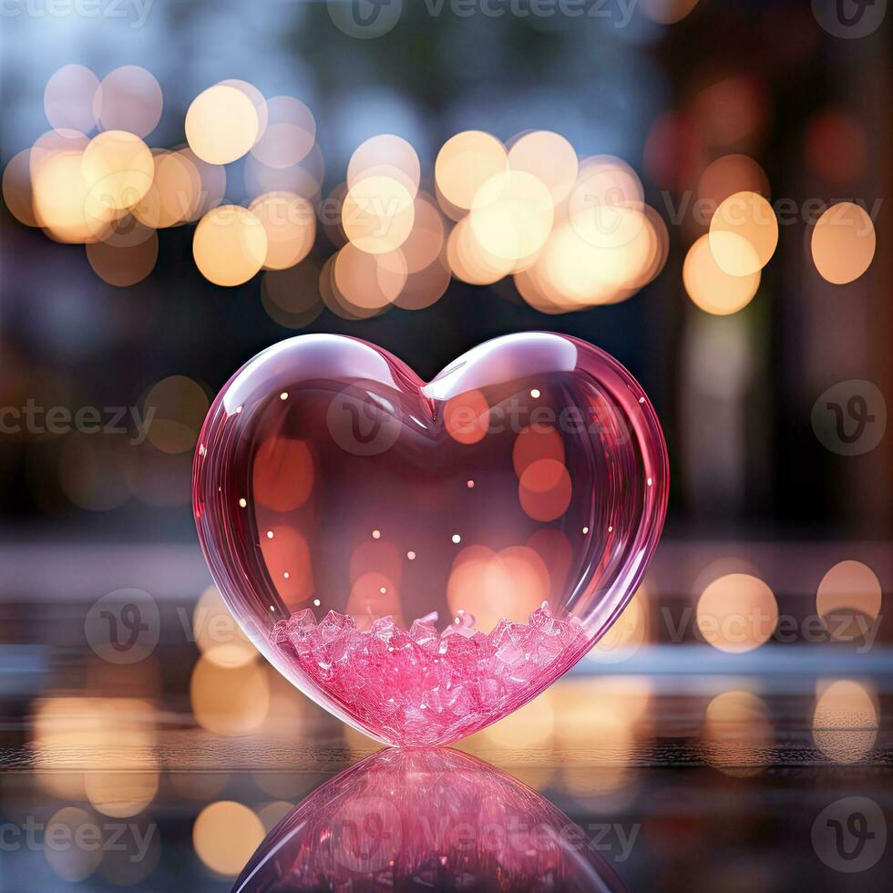 AI generated Valentines pink glass heart on bokeh background photo