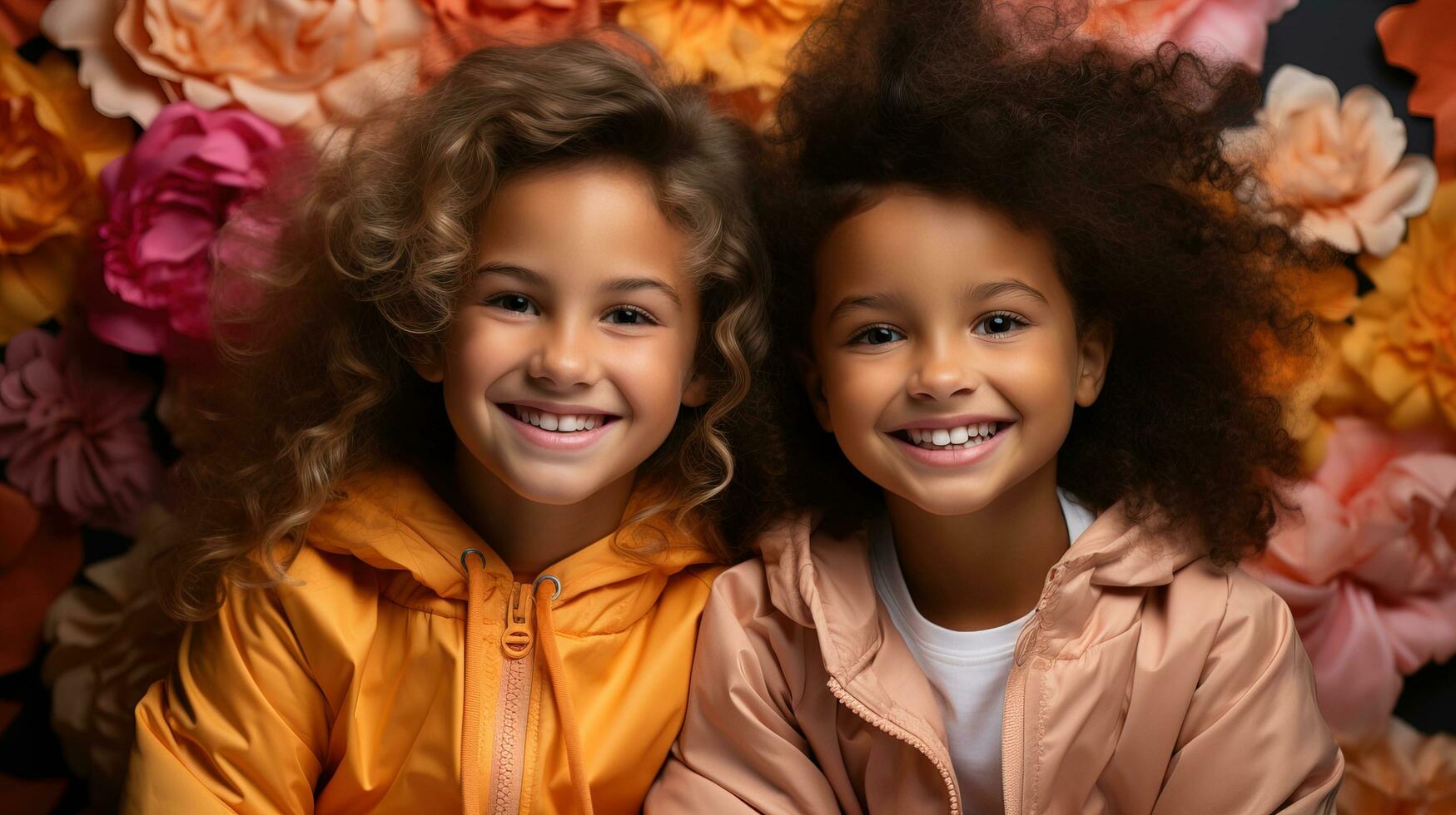 AI generated Studio portrait of two cheerful young girls. Generative AI photo