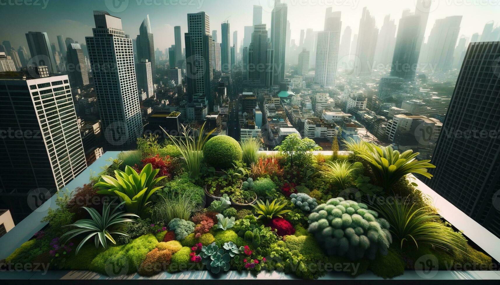 AI generated A roof garden in a vibrant city, where nature and modernization contrast. Generative AI photo