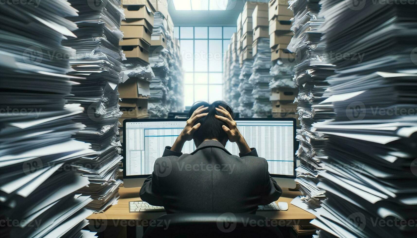 AI generated Stressed office worker looking at multiple computer screens with stacks of papers. Generative AI photo