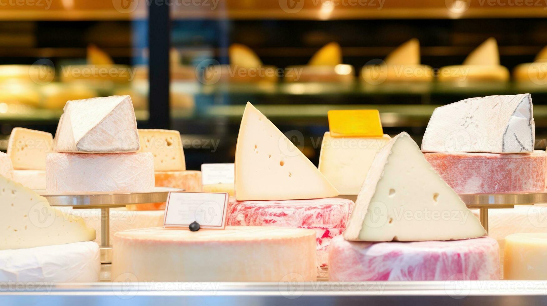 AI generated Cheese displayed in a glass case, showcasing its variety and freshness. Generative AI photo