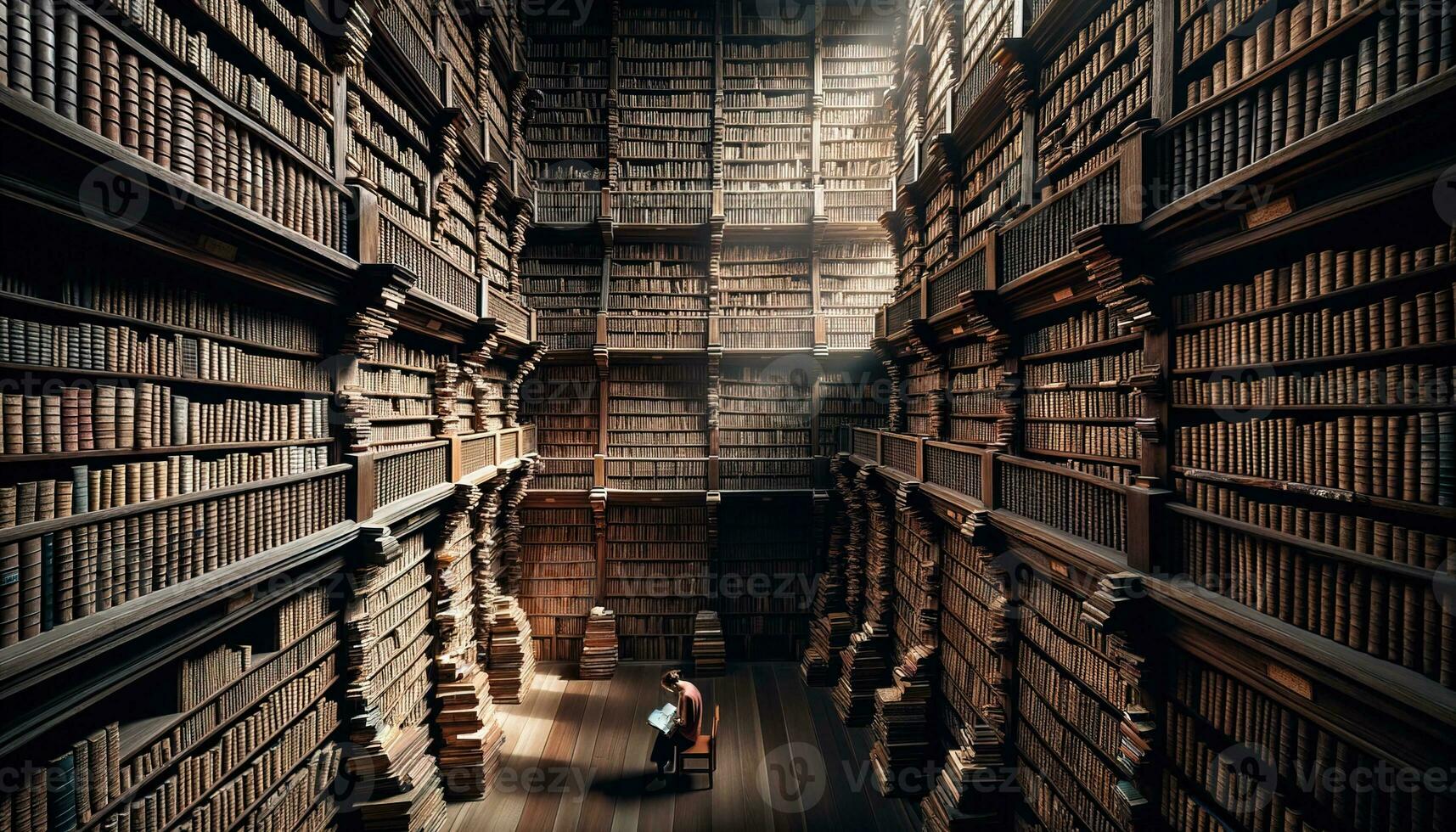 AI generated A lonely reader in the middle of a large collection, each floor filled with old volumes, manuscripts and parchments. Generative AI photo