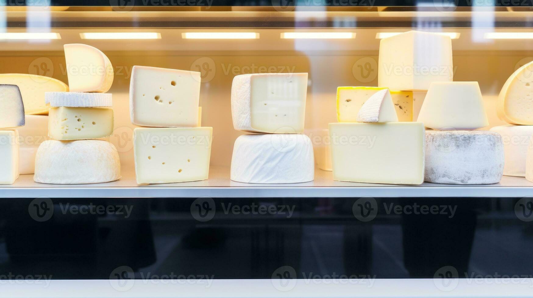 AI generated Cheese displayed in a glass case, showcasing its variety and freshness. Generative AI photo