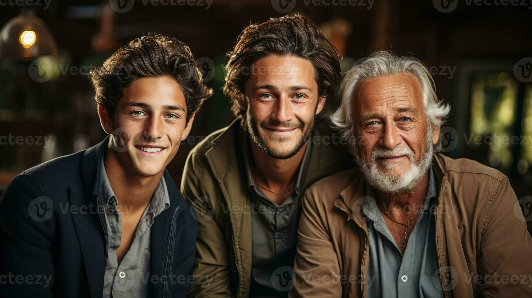 AI generated Cheerful portrait of three generations of Caucasian men, all smiling. Generative AI photo