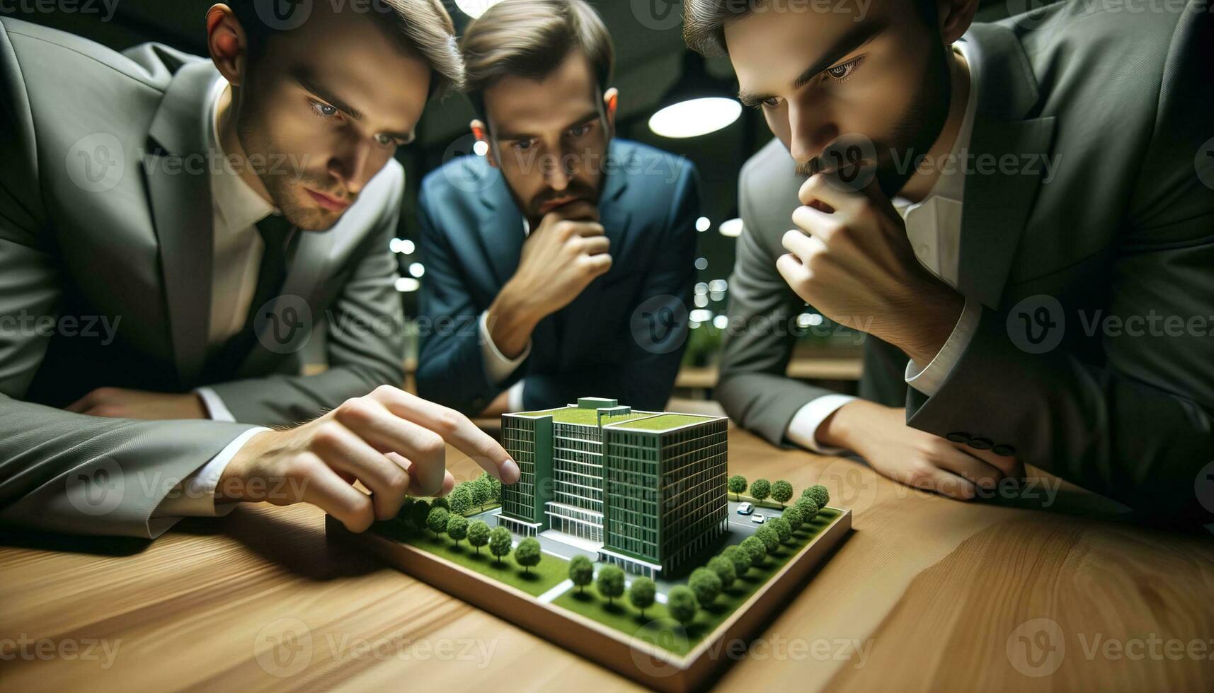 AI generated Image of investors carefully examining the green building model. Generative AI photo