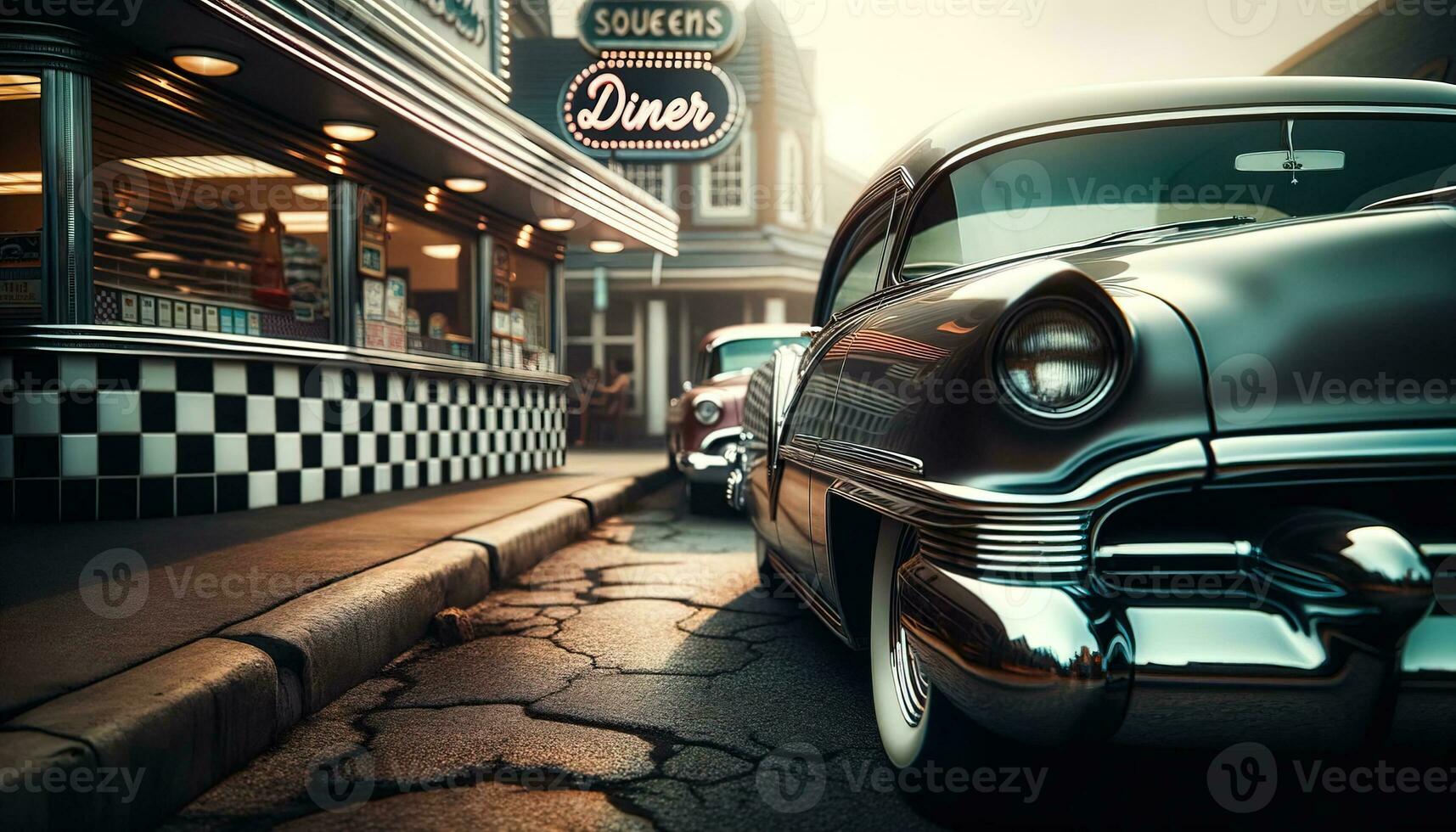 AI generated A classic car standing on an asphalt road next to a retro restaurant. Generative AI photo