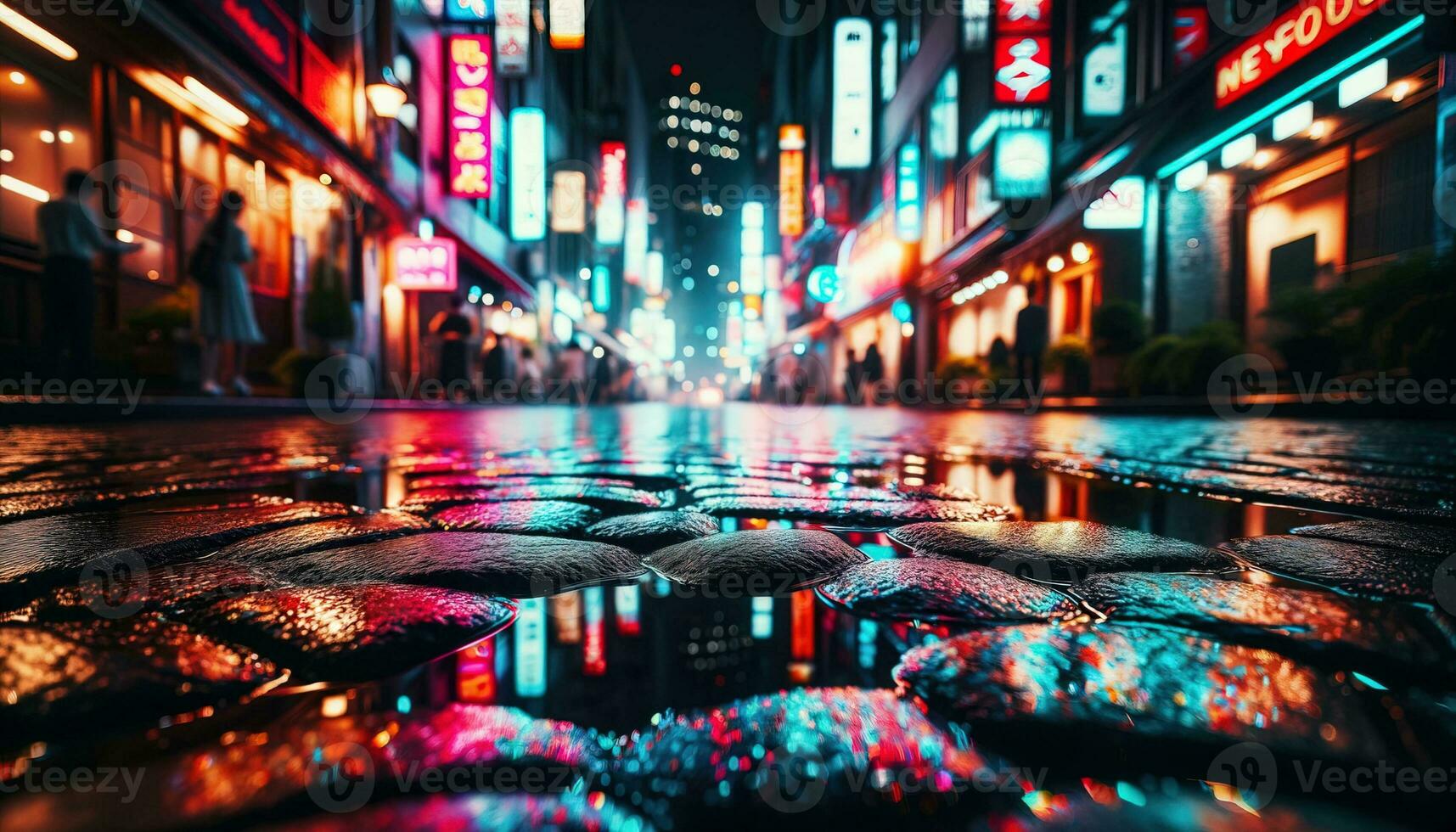 ai generado de cerca ver de mojado guijarro calles espumoso debajo ciudad luces. generativo ai foto