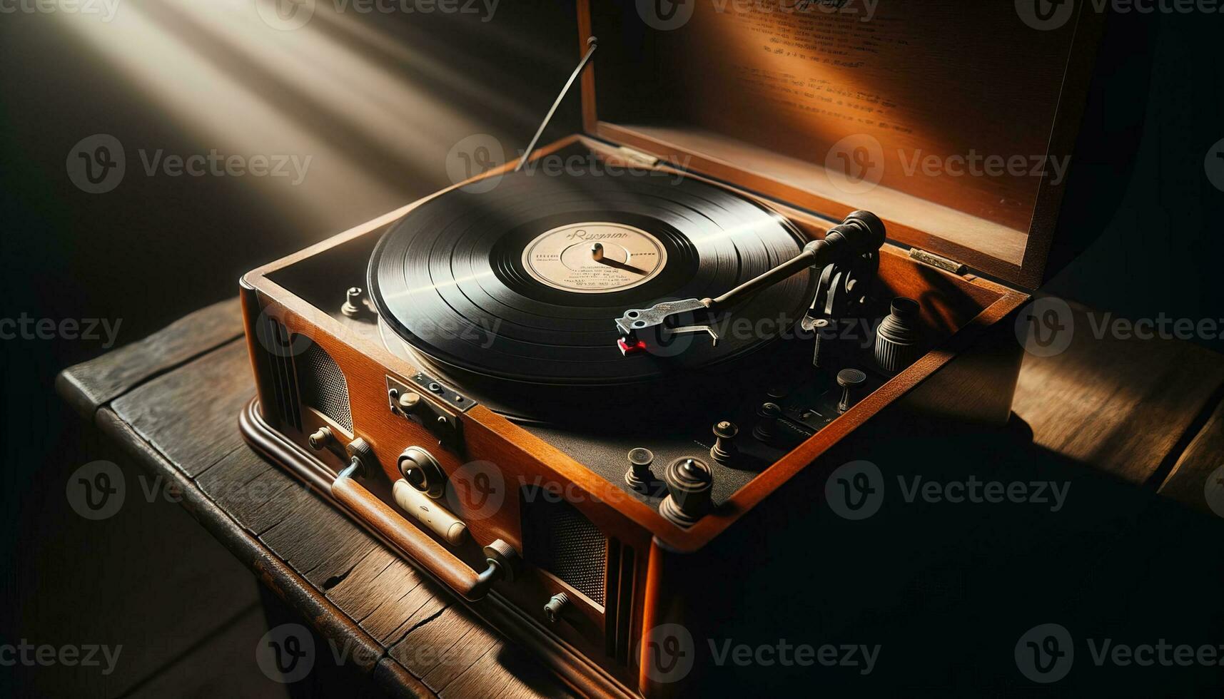 AI generated An old record player spinning a vintage vinyl in soft light. Generative AI photo