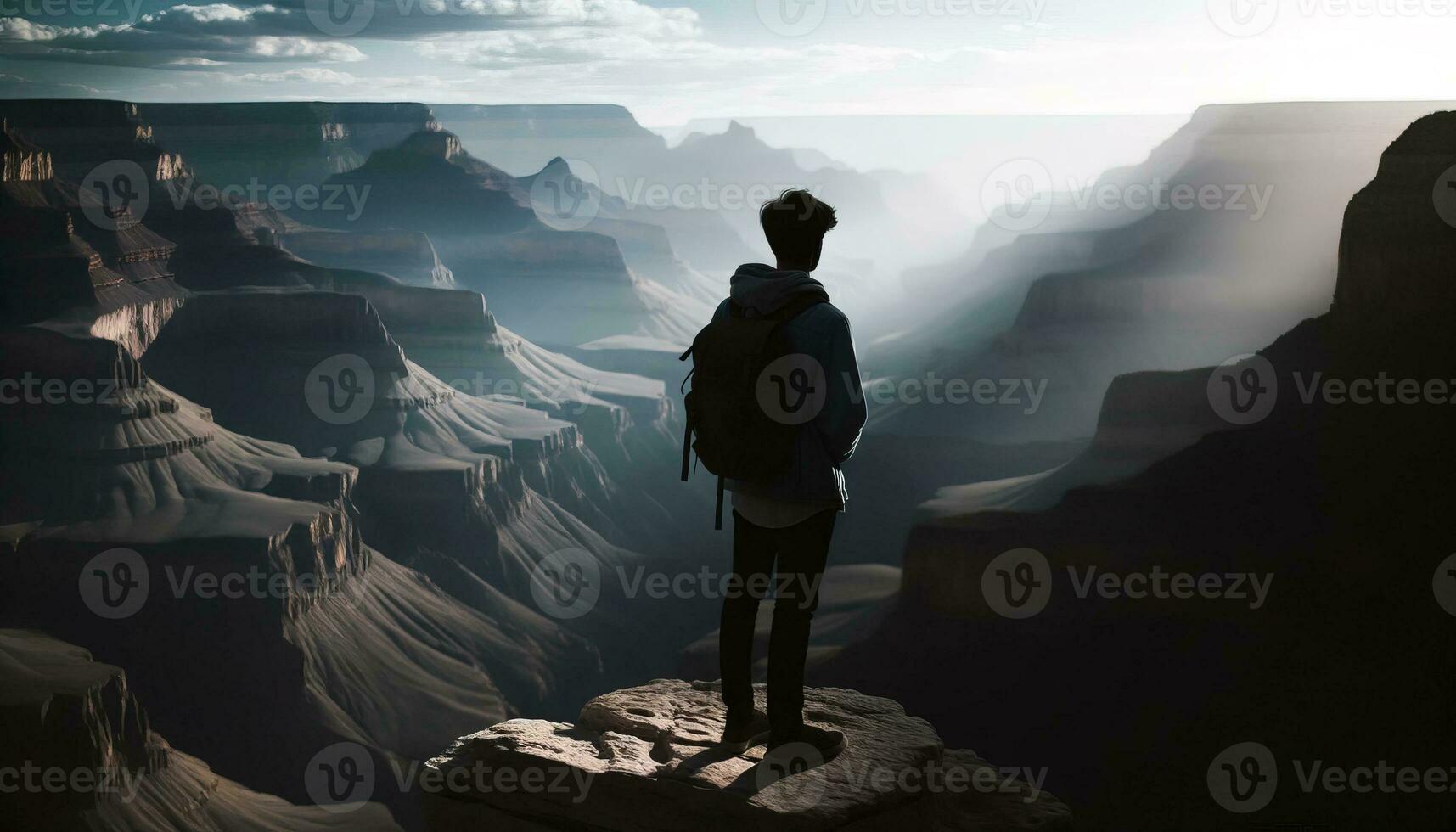 AI generated A lone traveler stands in front of a wide canyon. Generative AI photo