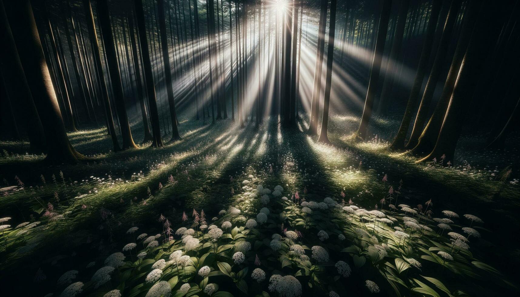 AI generated Sunbeams piercing through a dense canopy and illuminating the wildflowers beneath. Generative AI photo