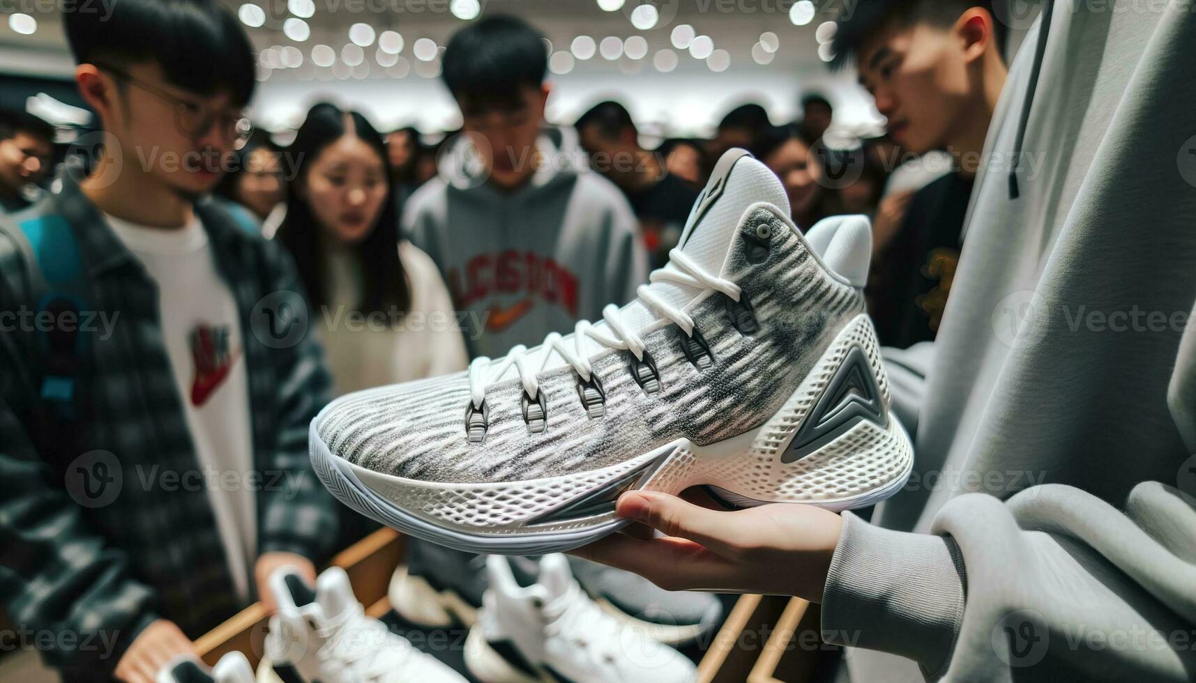 AI generated Eager customers trying on sneakers in a sports store. Generative AI photo