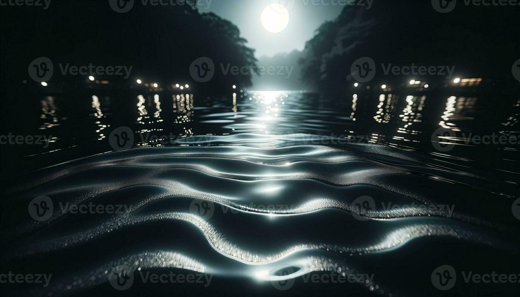 AI generated A tranquil nightscape at the edge of a still lake, where the reflection of the moon creates a fascinating path on the water. Generative AI photo