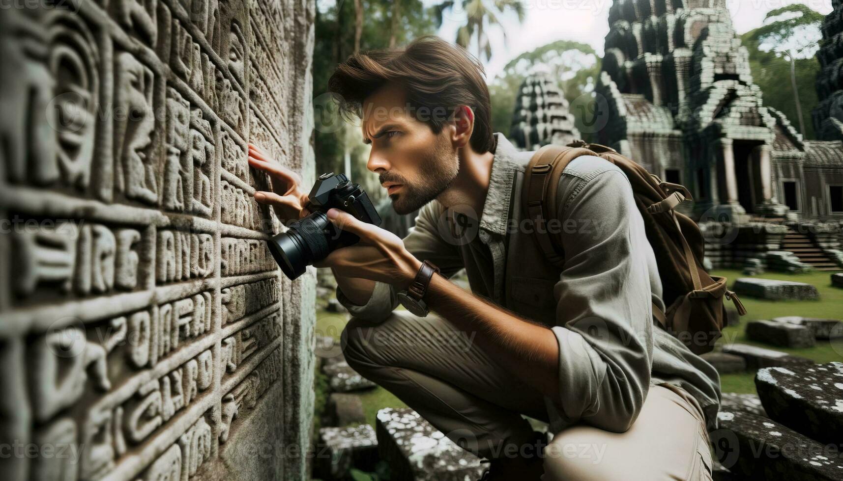 AI generated Explorers study the bygone era amidst ancient ruins. Generative AI photo
