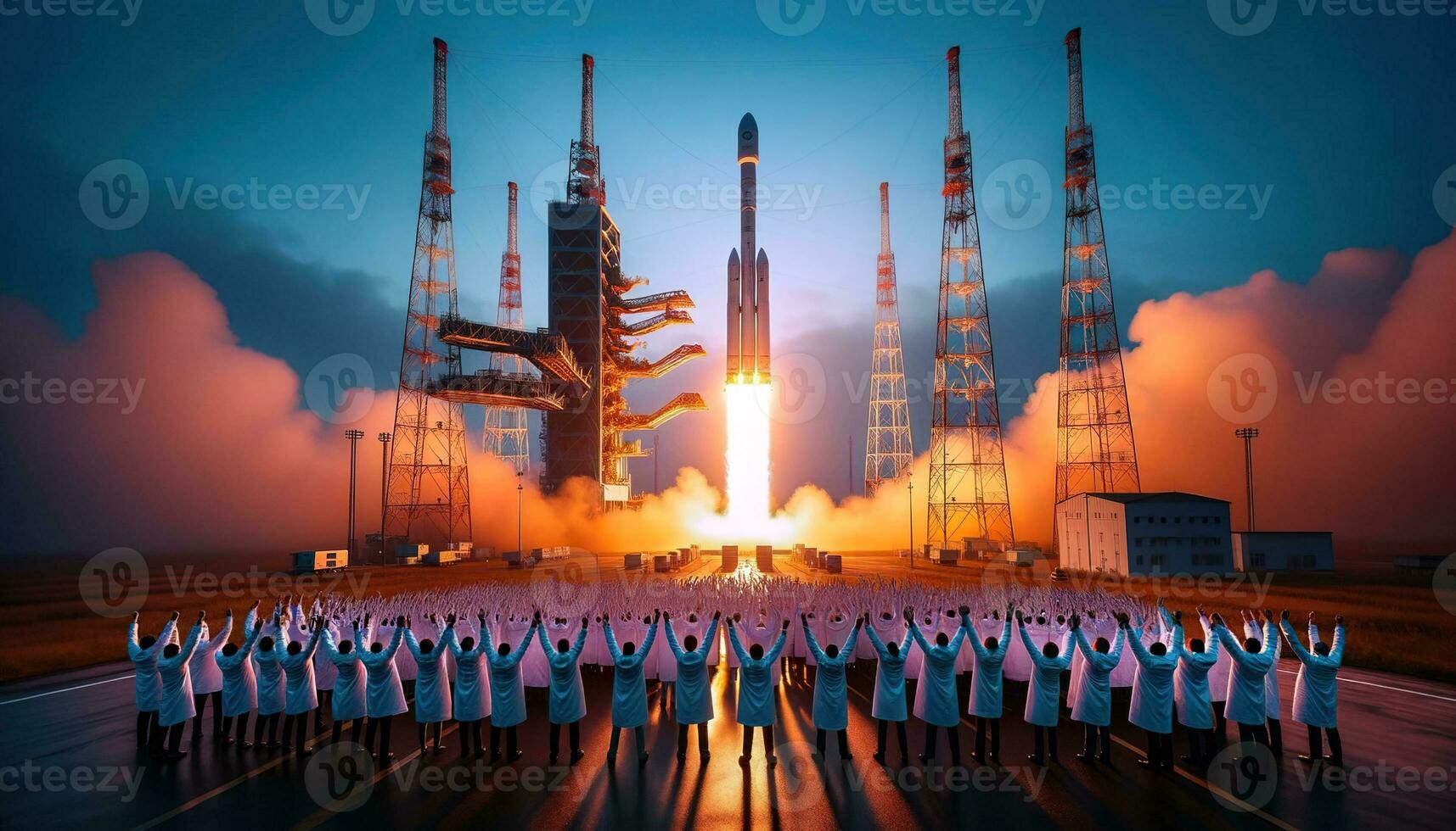 AI generated Scientists watch with excitement the moment of launching a satellite. Generative AI photo