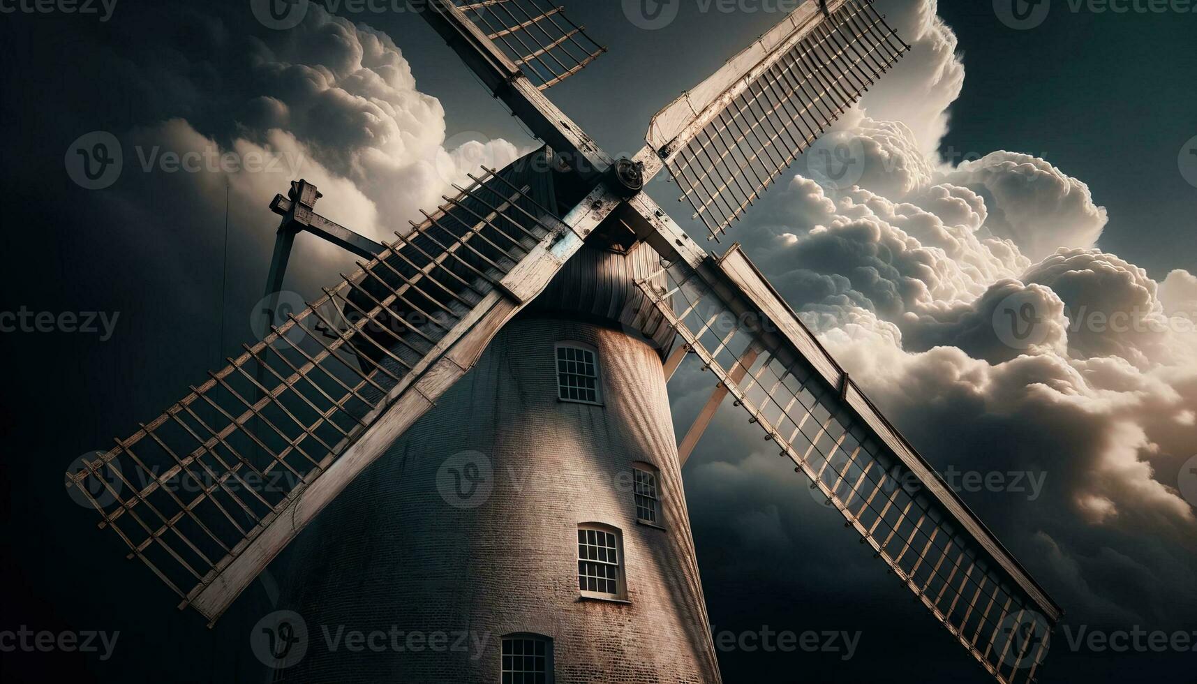 AI generated Old windmills rotating gracefully against a stormy background. Generative AI photo