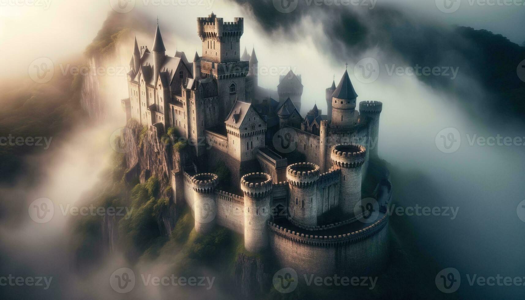 AI generated View of the ancient castle covered in fog on a hill. Generative AI photo