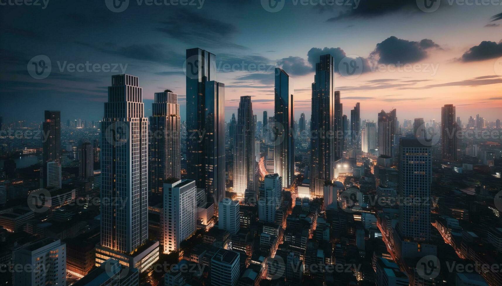 AI generated Rooftop view of a busy city at dusk. Generative AI photo