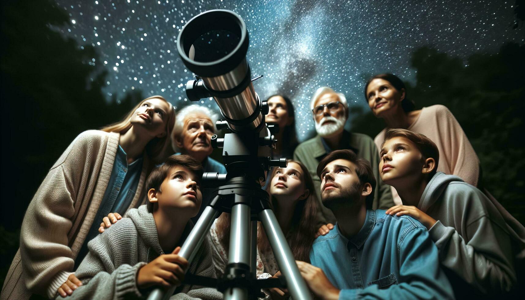 ai generado grupo de amigos mirando a el noche cielo utilizando un telescopio. generativo ai foto