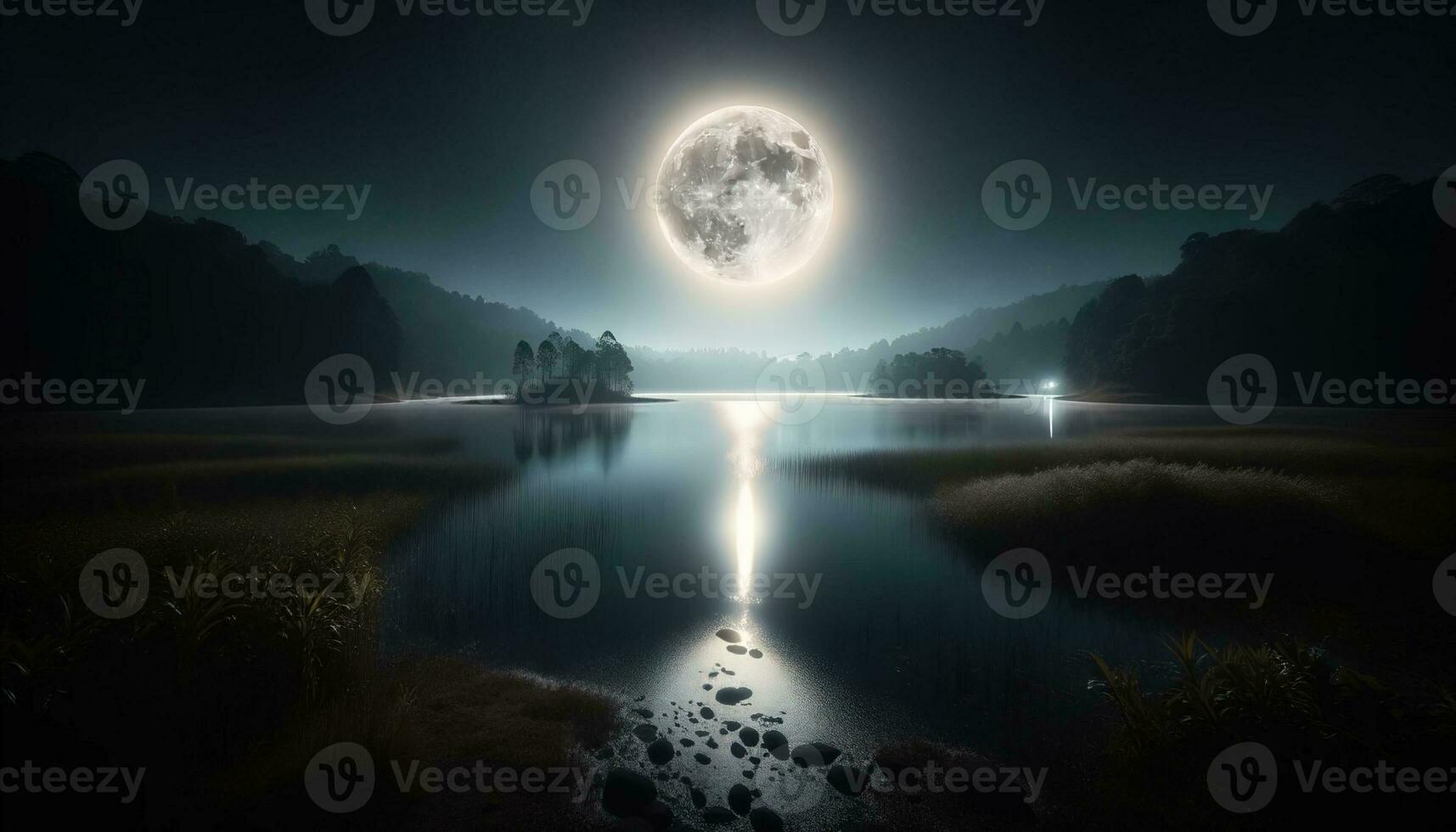 AI generated A tranquil nightscape at the edge of a still lake, where the reflection of the moon creates a fascinating path on the water. Generative AI photo