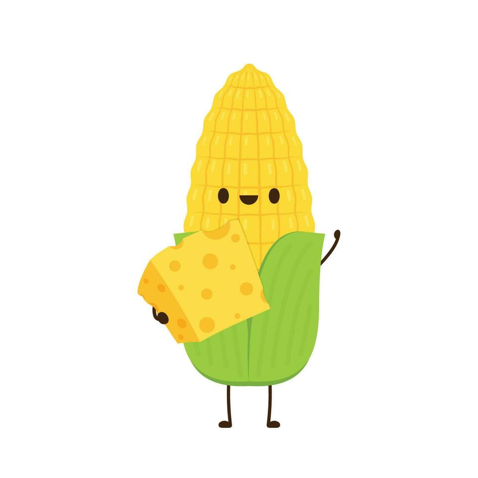 Corn and Cheese vector. Corn and Cheese character design. Corn on white background. Cube cheese. vector