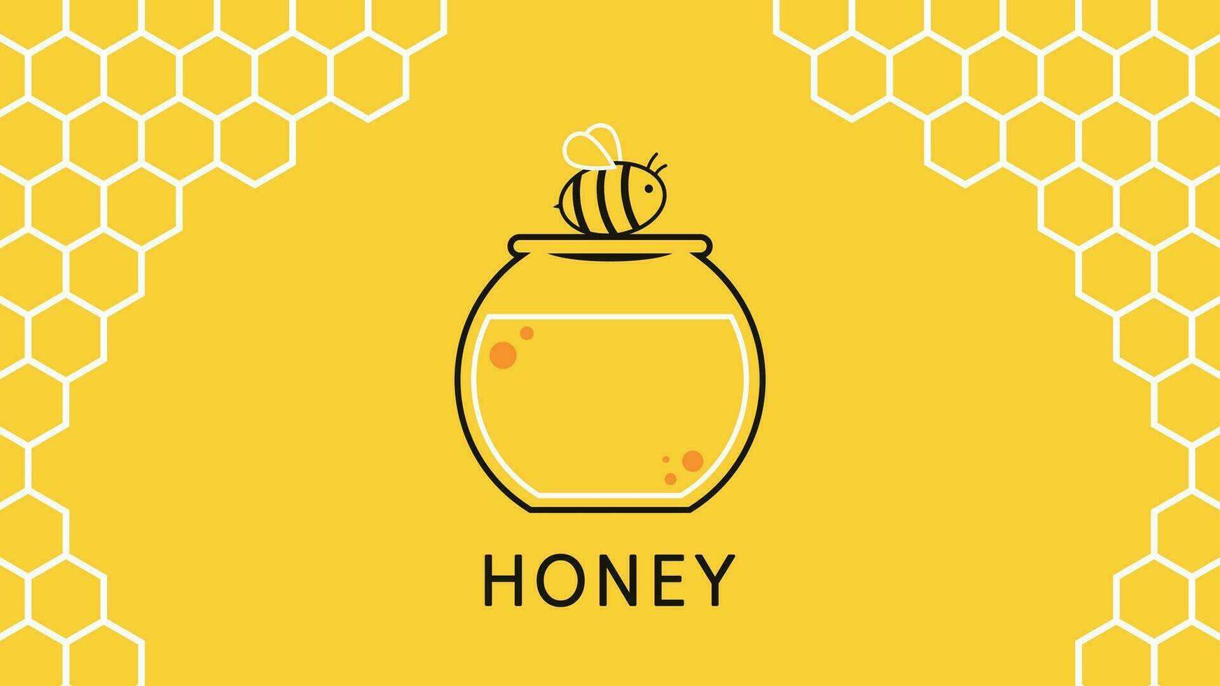 Honey jar and bee vector. Honey logo design. Honeycomb pattern wallpaper. vector