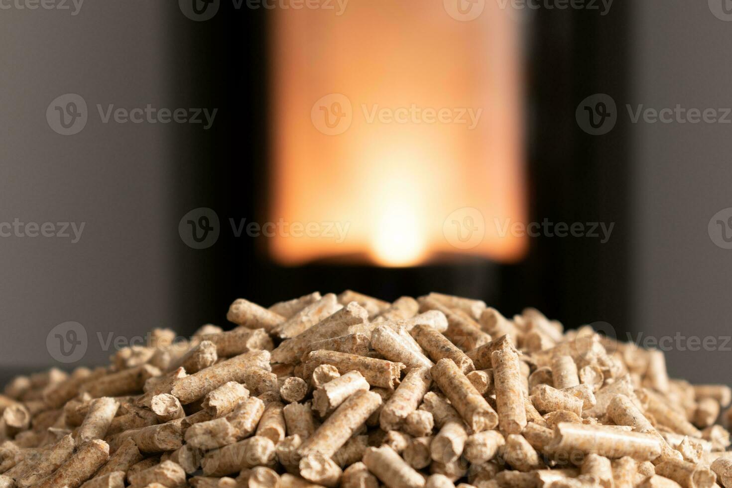 Modern domestic pellet stove, granules stove with flames photo