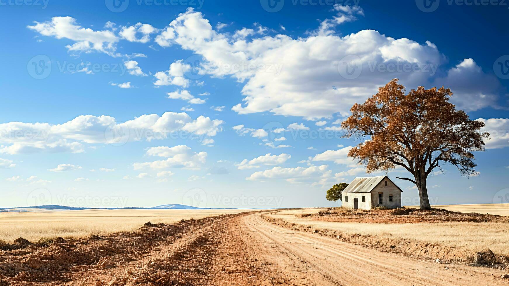 AI generated Lonely tree on the road in the countryside with blue sky. photo