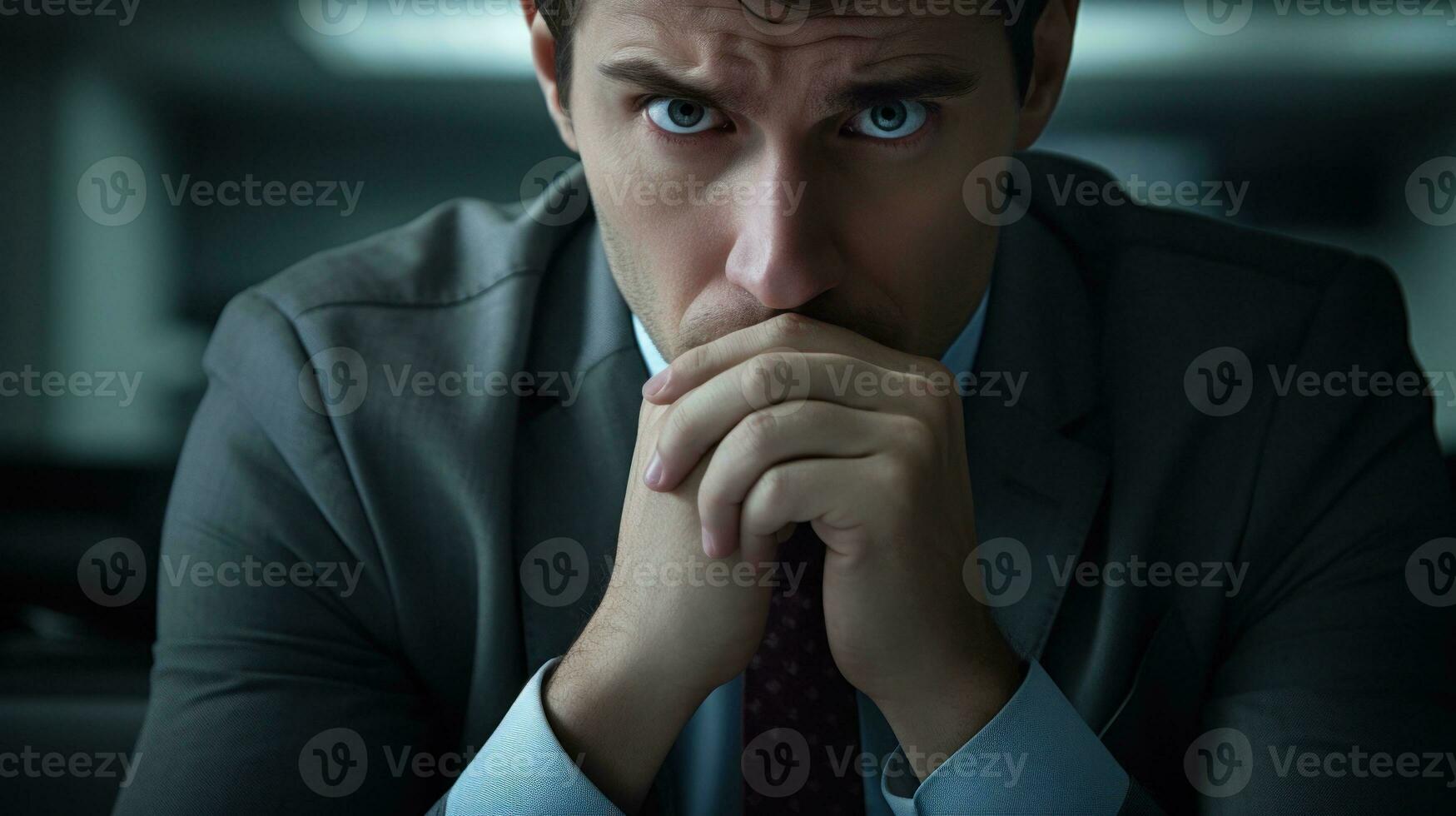 AI generated Distressed businessman lost in thought in his office. Generative AI photo