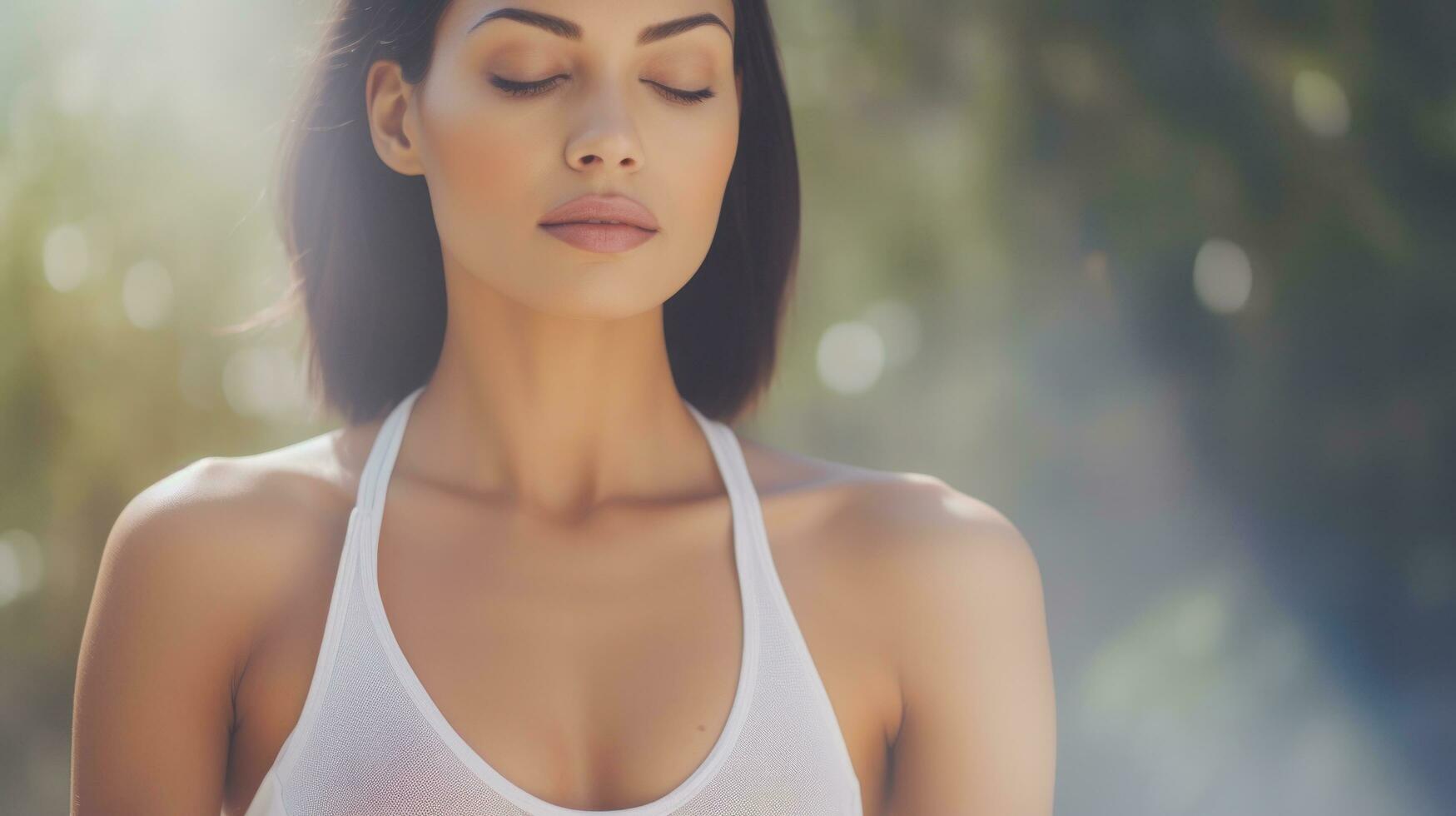 AI generated A woman in a white tank top peacefully meditates, finding inner calm and tranquility. Generative AI photo